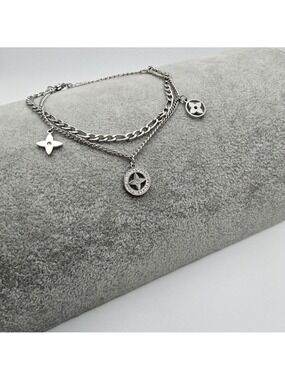 Star Clover Simulated Diamond Dual Chain Charm Bracelet, Stainless Steel